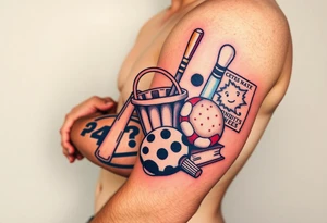 Childhood memories of a book, a bucket and spade, a football, a cricket bat, a teabag, a biscuit, a comic, a cartoon from the album Dookie tattoo idea