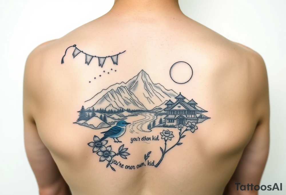 create an upper arm sleeve with buddhist prayer flags, mountain, river, "you're on your own, kid", little blue bird, daffodil, and full moon tattoo idea