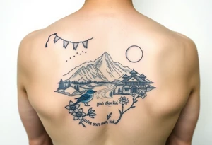 create an upper arm sleeve with buddhist prayer flags, mountain, river, "you're on your own, kid", little blue bird, daffodil, and full moon tattoo idea