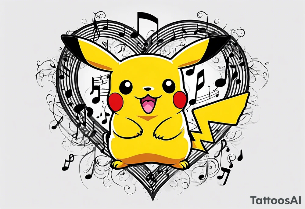 Pickachu squeezing a heart made from a trouble clef and music notes tattoo idea