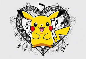 Pickachu squeezing a heart made from a trouble clef and music notes tattoo idea