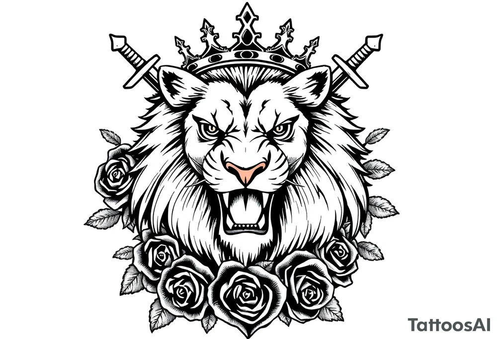 Majestic lion roaring, crown askew, crossed swords behind mane, dark roses cascading down. tattoo idea