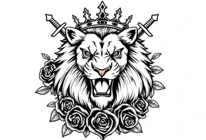 Majestic lion roaring, crown askew, crossed swords behind mane, dark roses cascading down. tattoo idea