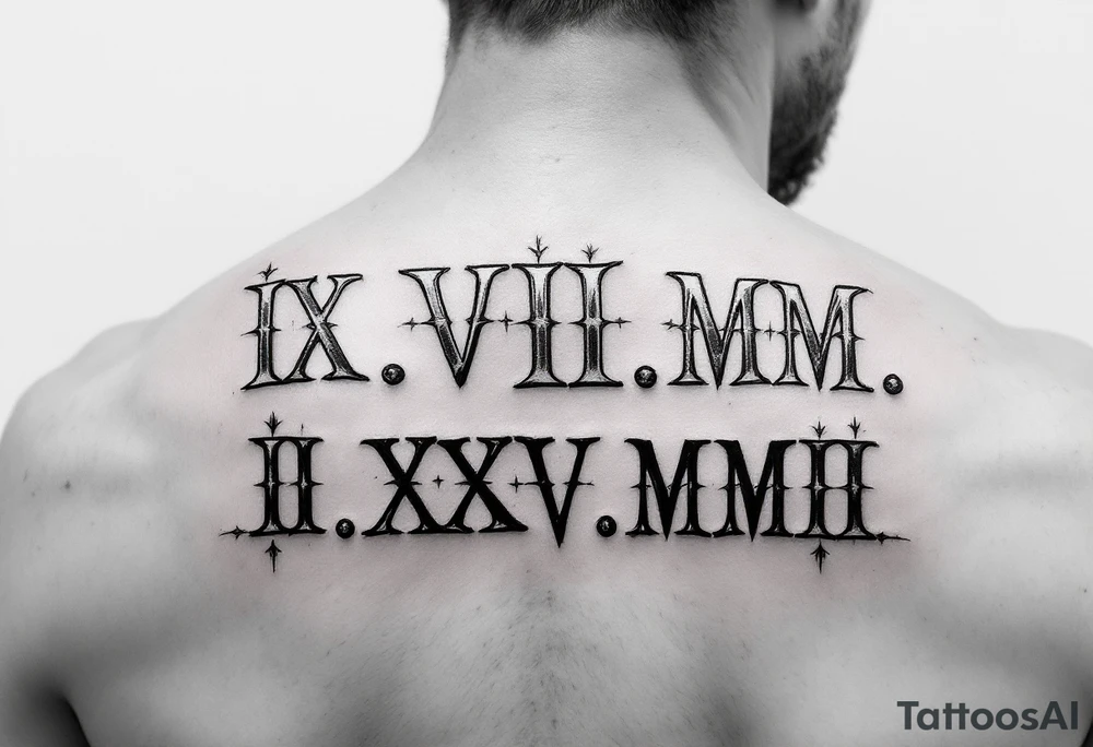 IX.VII.MM. and II.XXV.MMII with a space between them in a balanced and symmetrical layout, along with the number 224 tattoo idea