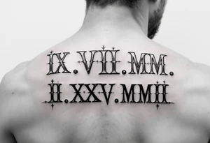 IX.VII.MM. and II.XXV.MMII with a space between them in a balanced and symmetrical layout, along with the number 224 tattoo idea