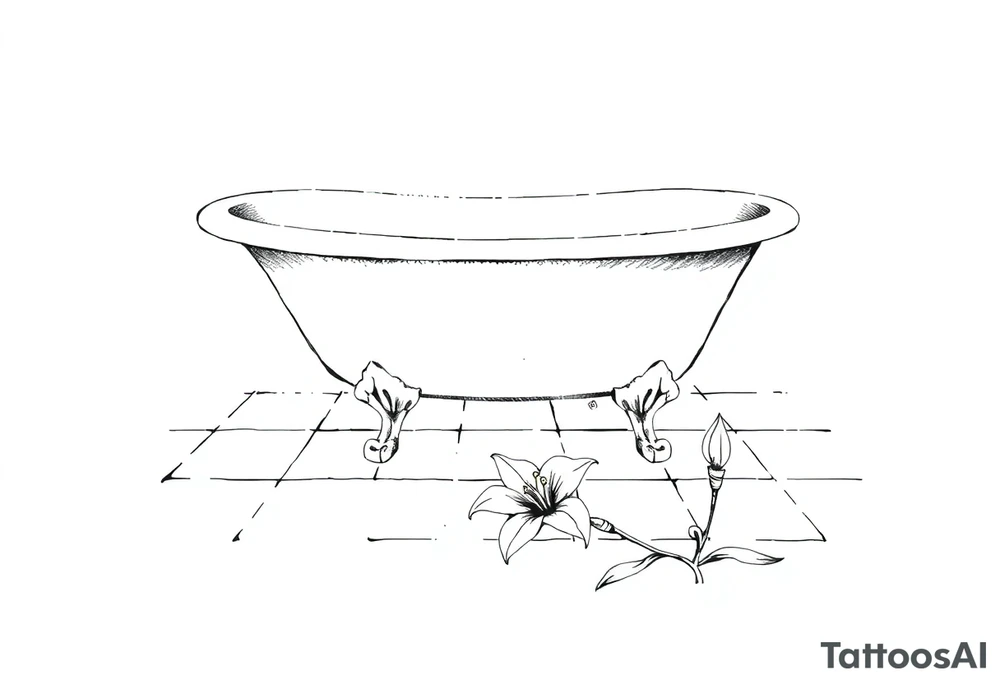 Clawfoot bathtub on tile floor with lily coming up from floor tattoo idea