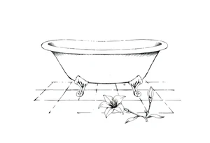 Clawfoot bathtub on tile floor with lily coming up from floor tattoo idea