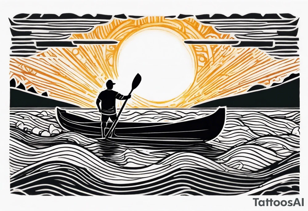 pictured from behind, average sized man with his arms fully extended straight out to the side at chest level, standing on top of modestly sized canoe on the water with a sun above his head. tattoo idea