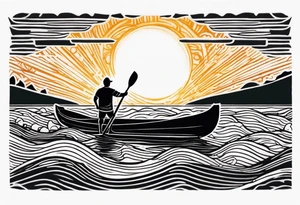 pictured from behind, average sized man with his arms fully extended straight out to the side at chest level, standing on top of modestly sized canoe on the water with a sun above his head. tattoo idea