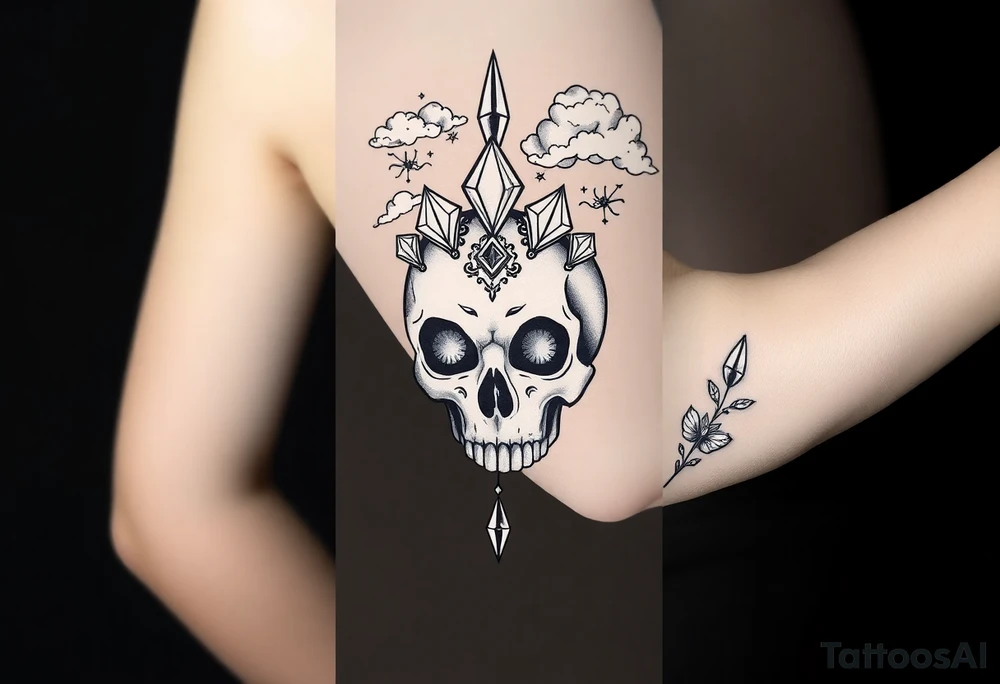 Skull with  jewels underneath 
 stormy skies tattoo idea