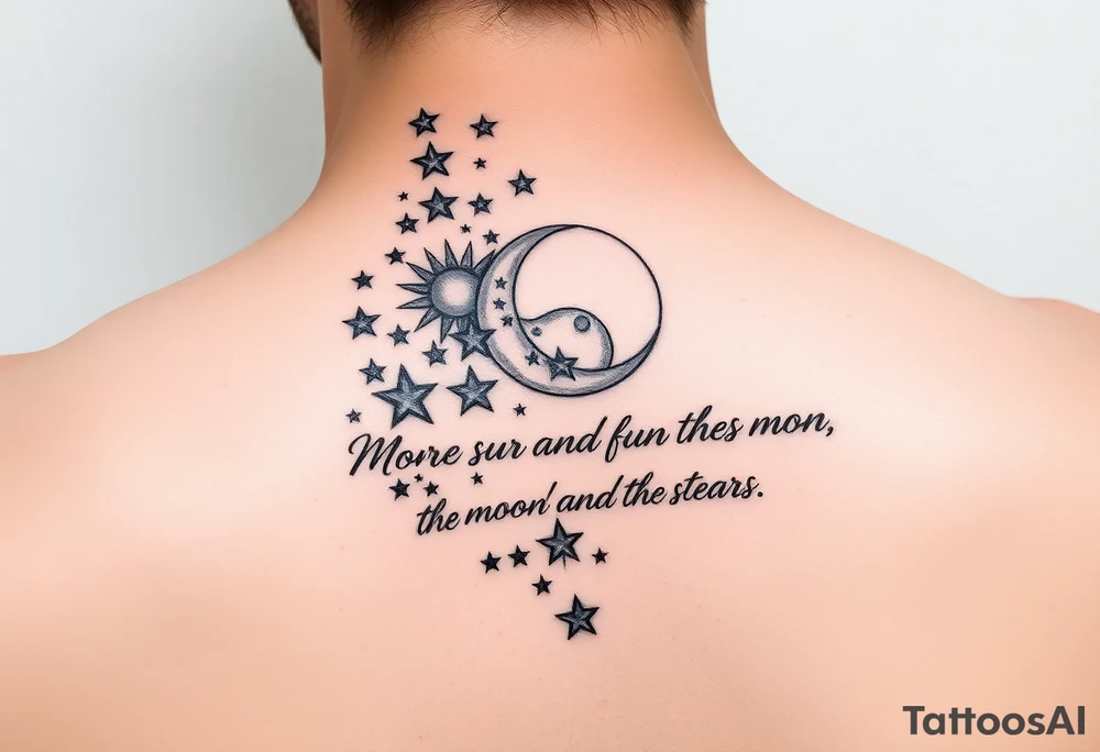 Cascade of stars with moon and sun
Handwritten “more than the sun, and the moon, and the stars”
On collarbone tattoo idea