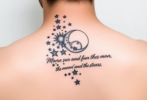 Cascade of stars with moon and sun
Handwritten “more than the sun, and the moon, and the stars”
On collarbone tattoo idea