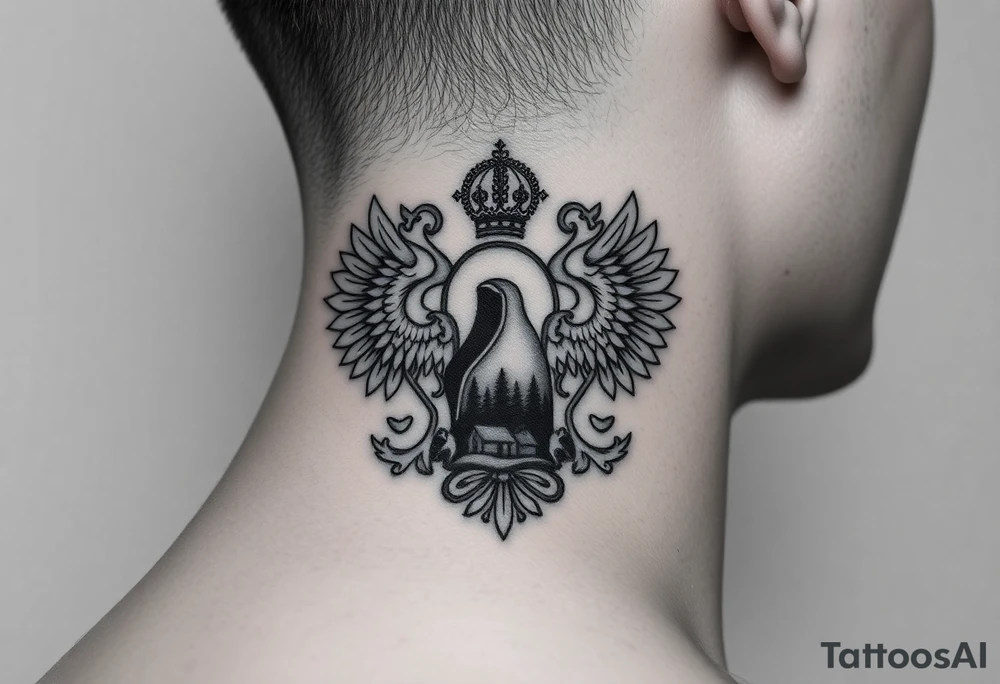 Traditional authentic Russian coat of arms with a Christian orthodox virgin marry in the middle and silhouette in a Russian wilderness Christian orthodoxy dome church village setting on the side of my neck tattoo idea