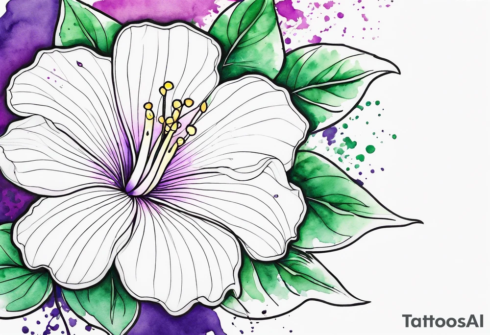 An outline of a rio dipladenia flower with a green and purple watercolor splash in the background tattoo idea