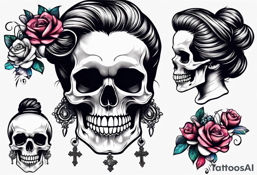 feminine skull and cross bones with hair in two buns tattoo idea