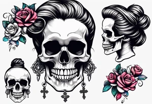 feminine skull and cross bones with hair in two buns tattoo idea