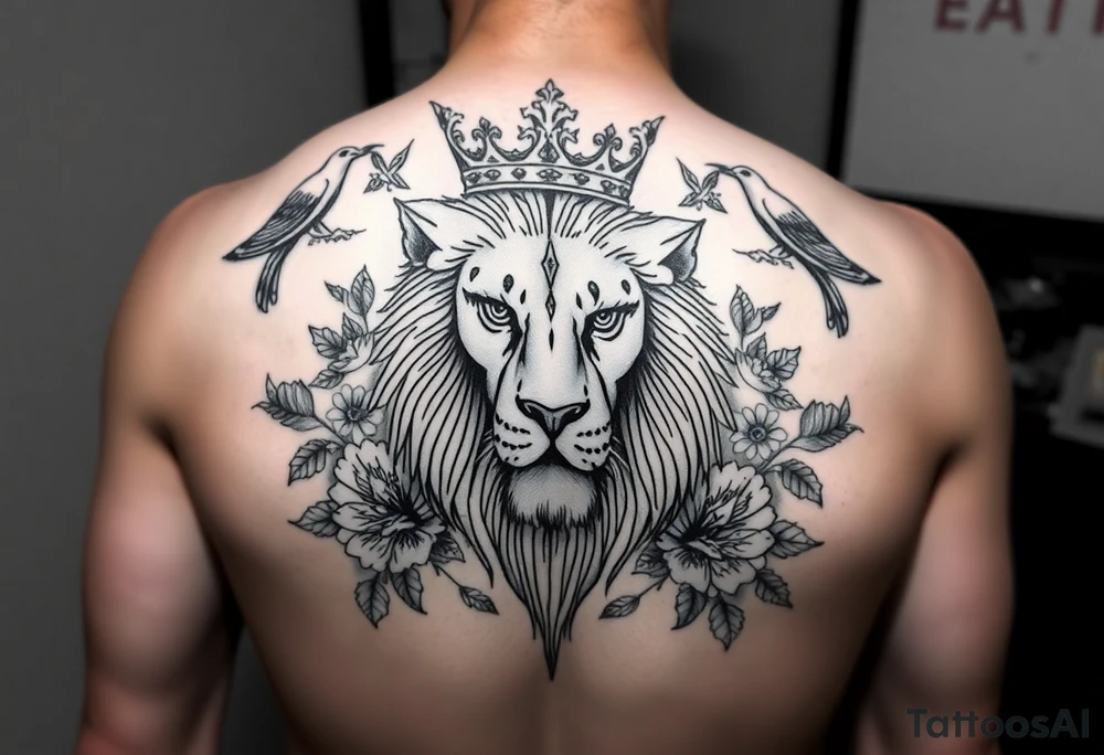 powerful majestic lion with a crown, surrounded by floral ornaments and birds tattoo idea