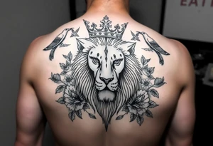 powerful majestic lion with a crown, surrounded by floral ornaments and birds tattoo idea