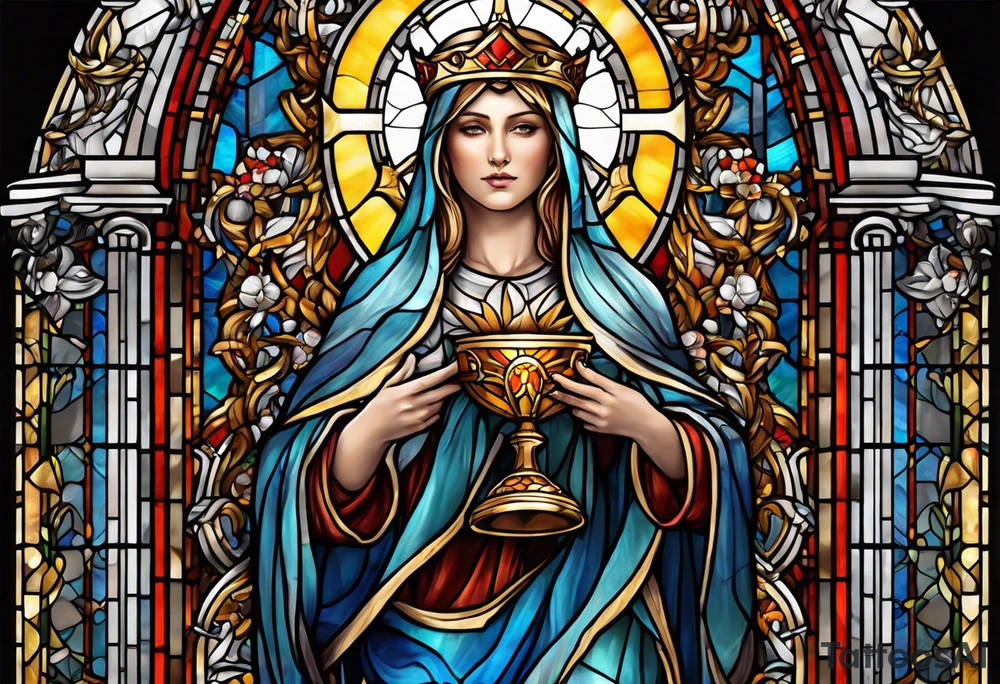 holy saint woman with halo stained glass holding a chalice with artillery tattoo idea