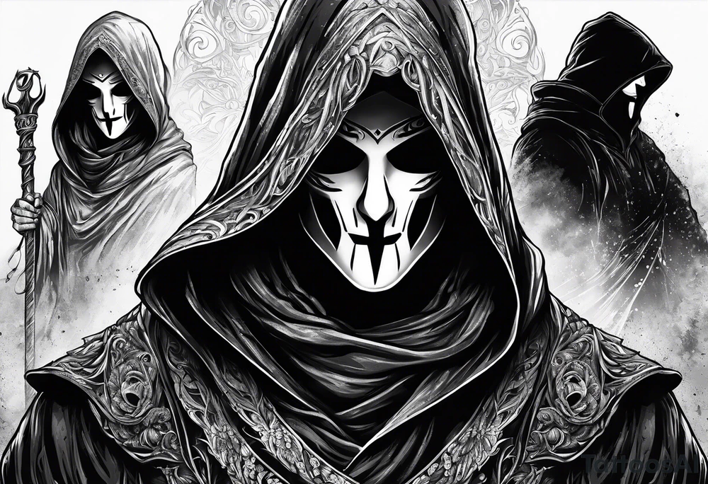 Hooded figure with no face carrying staff and wearing a long tattered cloak tattoo idea