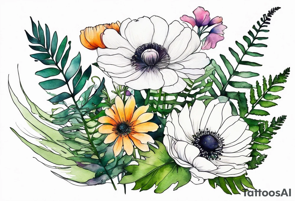 Multicolored wild flower bouquet with ferns and white anemone all watercolor tattoo idea