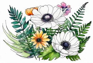 Multicolored wild flower bouquet with ferns and white anemone all watercolor tattoo idea