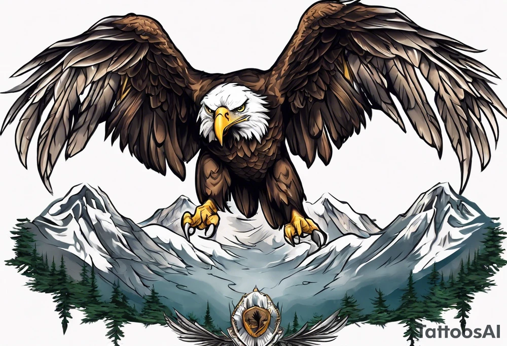 Tribute to Father representing a bald eagle with wings spread with mountain scene in the background tattoo idea