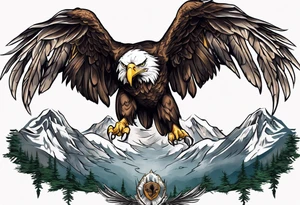 Tribute to Father representing a bald eagle with wings spread with mountain scene in the background tattoo idea
