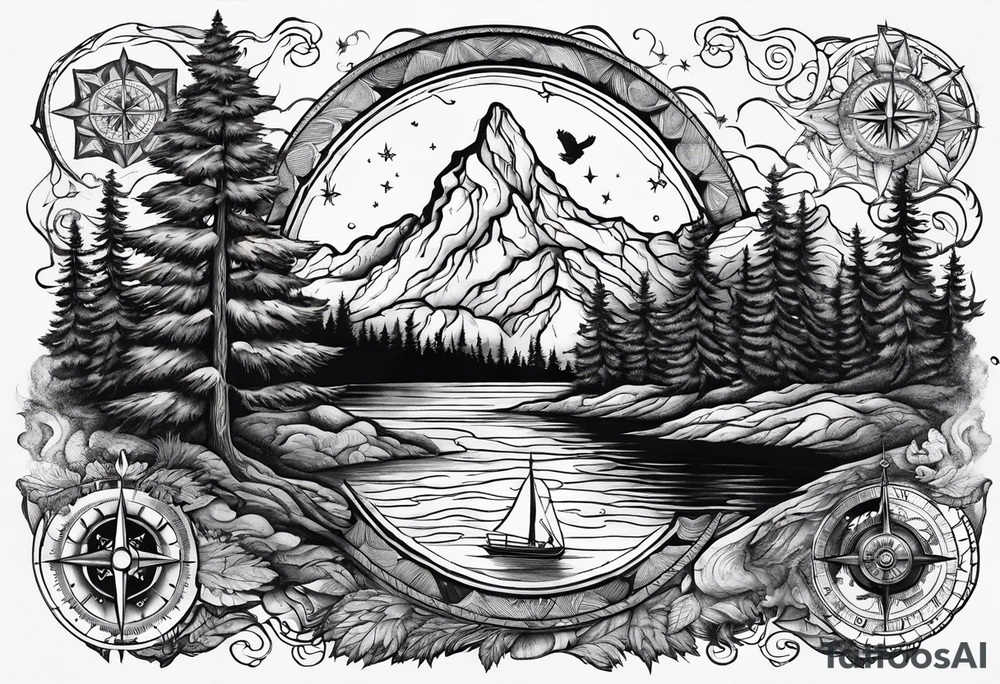 bear mountain trees river compass tattoo idea