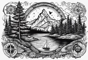 bear mountain trees river compass tattoo idea