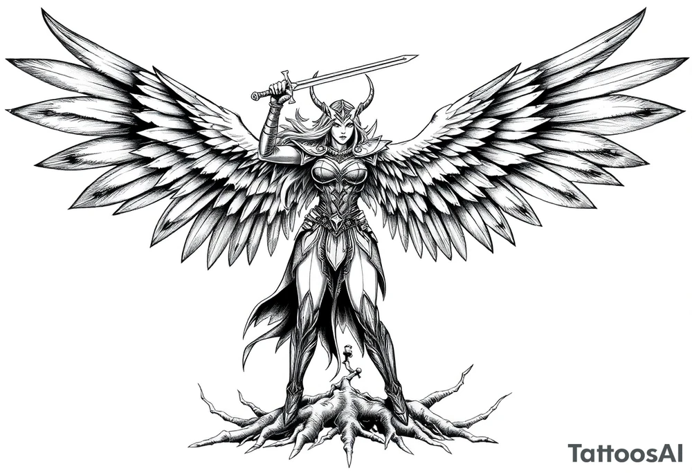 A fierce looking Valkyrie with very big dark wings. The whole body with legs should be visible.
She has armor.
She is standing in a battle ready pose with a sword held high.

She is screaming.
She is standing on roots tattoo idea
