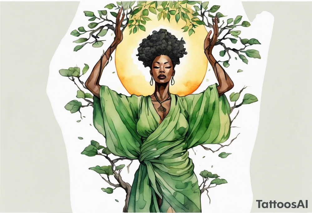 a tree trunk with roots that is a black woman from the waist up, arms reaching up to the sun, wearing a green tunic tattoo idea