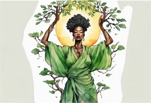 a tree trunk with roots that is a black woman from the waist up, arms reaching up to the sun, wearing a green tunic tattoo idea