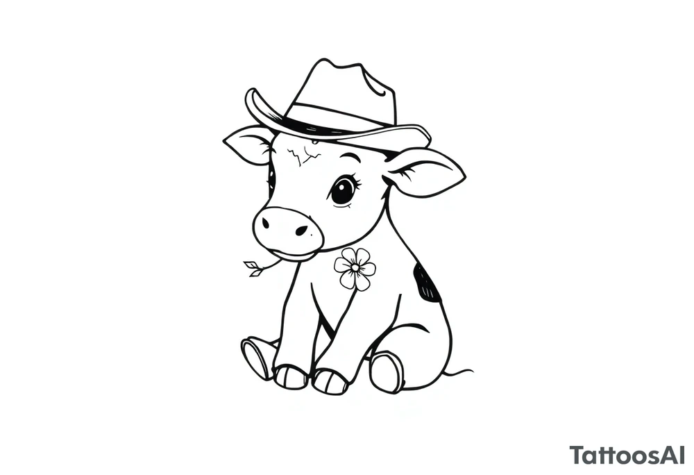 cute black and white baby cow sitting wearing a cowboy hat with a flower in mouth tattoo idea