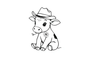 cute black and white baby cow sitting wearing a cowboy hat with a flower in mouth tattoo idea