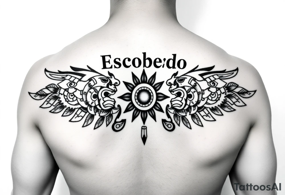 "A symmetrical Aztec or Mexican tribal pattern, incorporating geometric shapes, warrior masks, and sun symbols. The design is centered just below the bold 'Escobedo' name across the shoulders, maintaining a balanced and culturally meaningful aesthetic." tattoo idea
