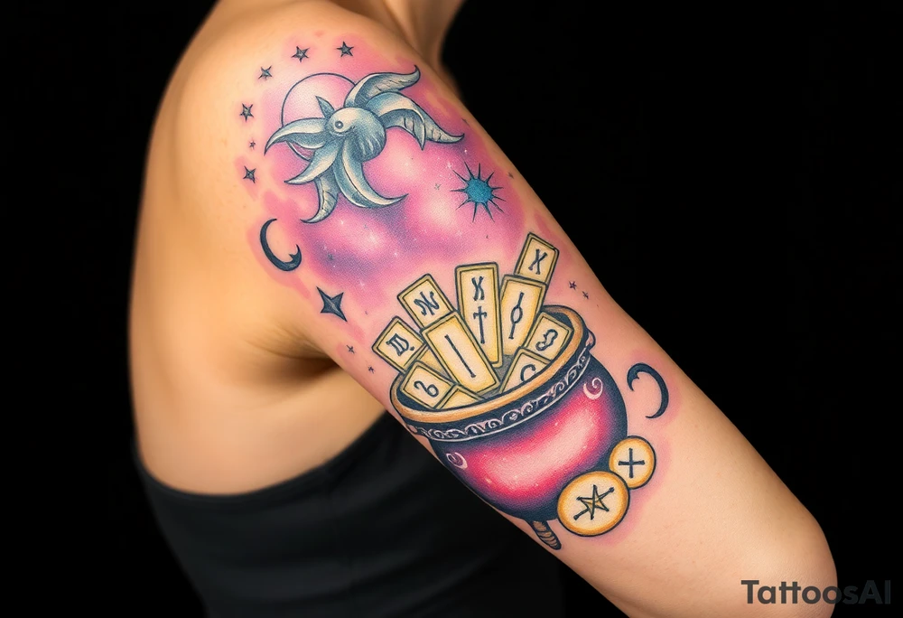 Milky way filled with zodiac symbols runes tarot cards coming out of a cauldron tattoo idea