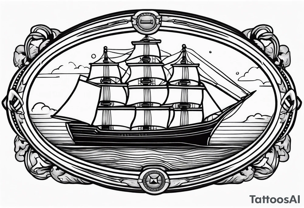 american traditional ship. oval border long wise, tattoo idea