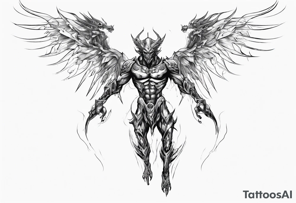 Side view of a demon angel wearing inorganic armor that is in mid-air in attack position. tattoo idea