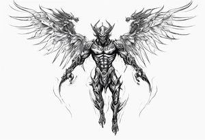 Side view of a demon angel wearing inorganic armor that is in mid-air in attack position. tattoo idea