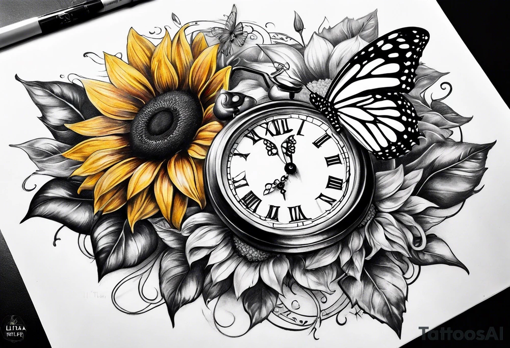 Sleeve with clock, sunflower and butterfly tattoo idea