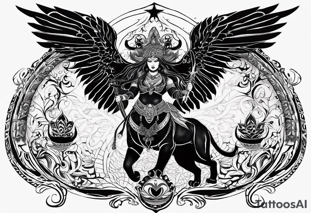 black kali, goddess pirate, alien, angel, pachamama, valkrye, warrior, flying, skull, lotus azul, wing, eagle, zenza resonance, stars, 5D, anahata chakra, death, durga, riding on a tiger, flying lady tattoo idea
