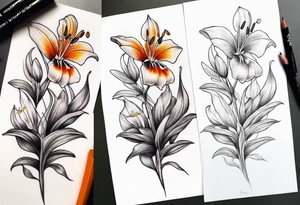 puffin tiger lily flowers vertical calf tattoo tattoo idea