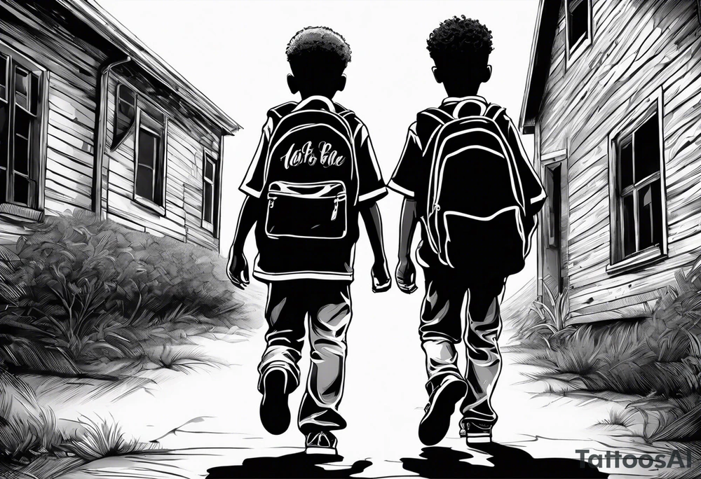 full bodies of 3 black school age boys walking away together and one is looking to the side at the one in the middle tattoo idea