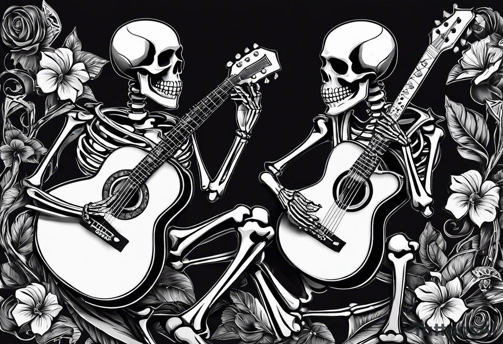a male and a female skeleton. The male skeleton is playing the guitar. The female skeleton has a hibiscus flower. tattoo idea