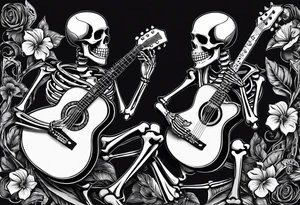 a male and a female skeleton. The male skeleton is playing the guitar. The female skeleton has a hibiscus flower. tattoo idea
