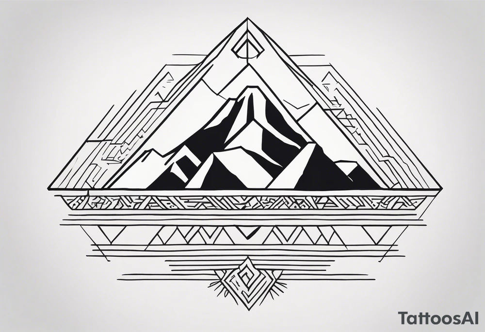 Create a tattoo design in a linear geometric art style depicting images associated with Peru, such as the Andes Mountains, Machu Picchu, llamas or traditional textile patterns. The tattoo should be done in a monochromatic black and white color scheme with clear outlines and minimal details to create an elegant and modern composition. tattoo idea