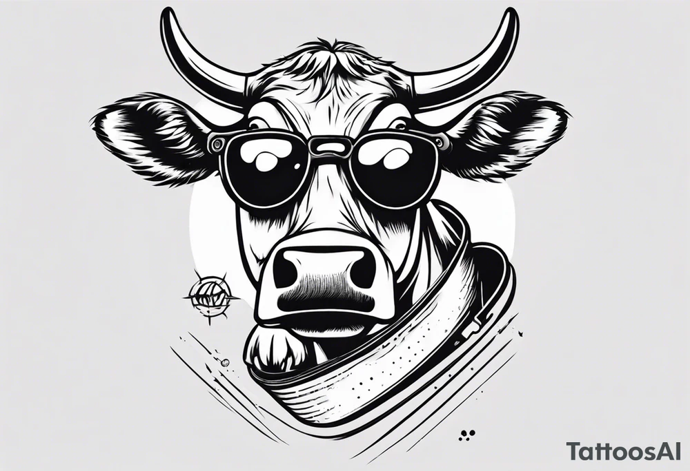cow snowboarding wearing goggles, very simple linework tattoo idea cow snowboarding wearing goggles, very simple linework tattoo idea