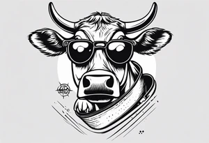 cow snowboarding wearing goggles, very simple linework tattoo idea