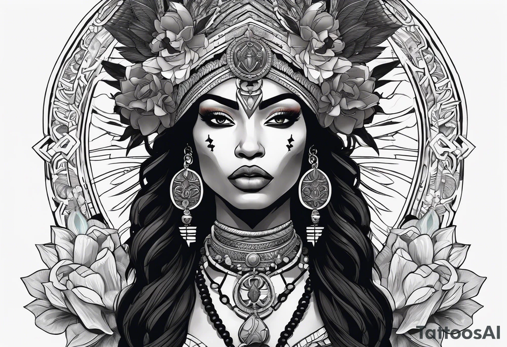 valkrye, kali, pirate, african goddess, , warrior, native american, lotus, zenza resonance, skulls, dragon, pachamama, left side face, chest, right wing, tattoo idea